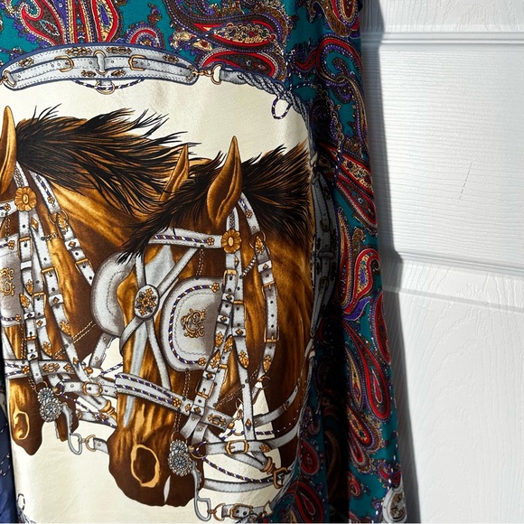 Equestrian Paisley Scarf Horse Motif Silk Feel 29x31 Blue Brown - Picture 2 of 6